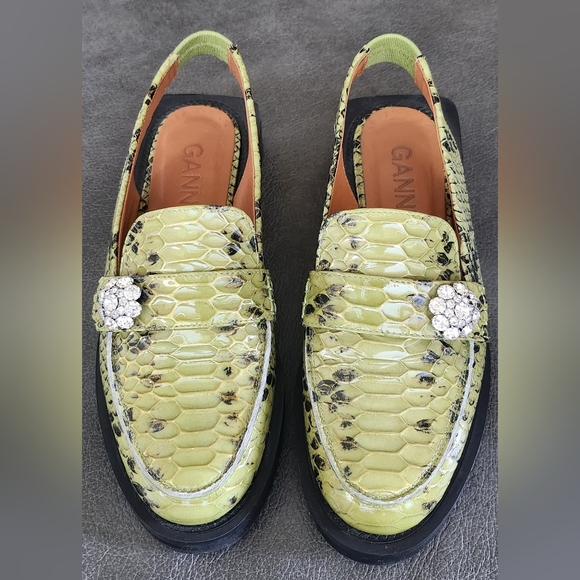 Ganni Snakeskin Embossed Slingback Loafers - Picture 2 of 9
